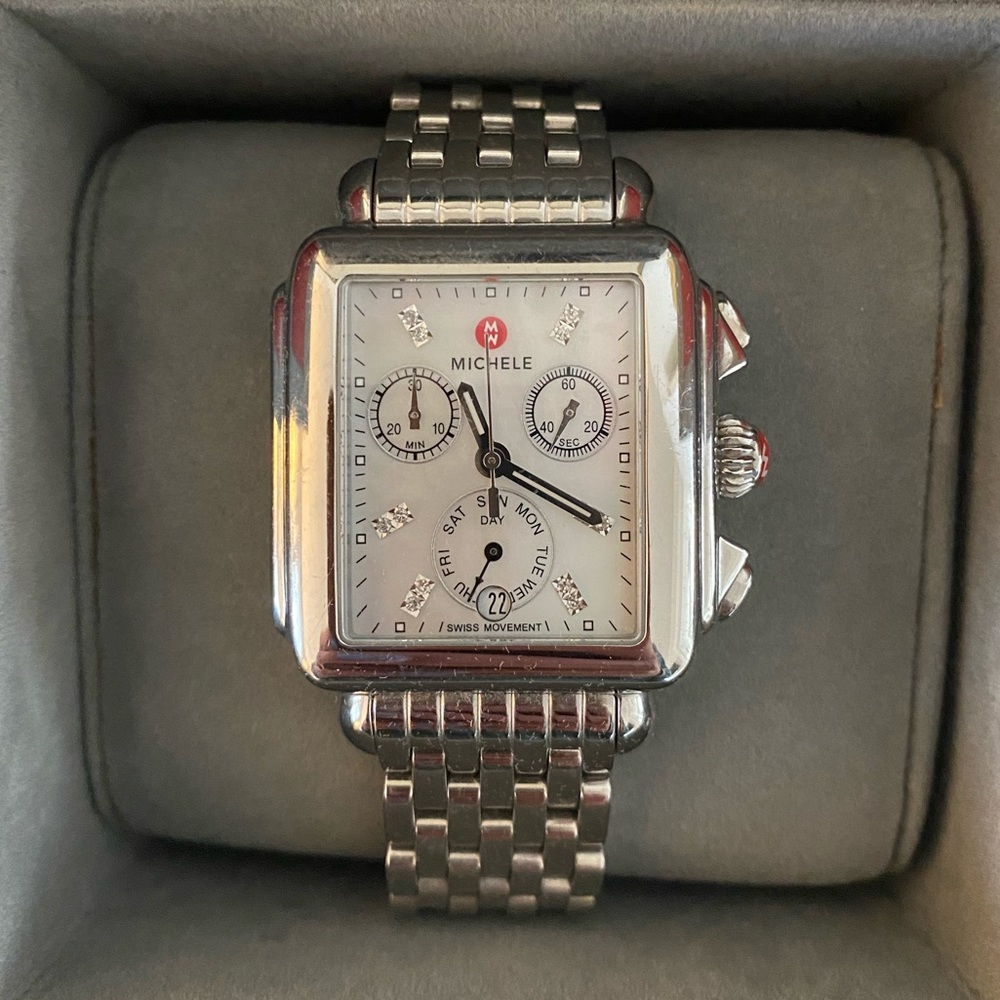 Silver Michele watch with diamond face